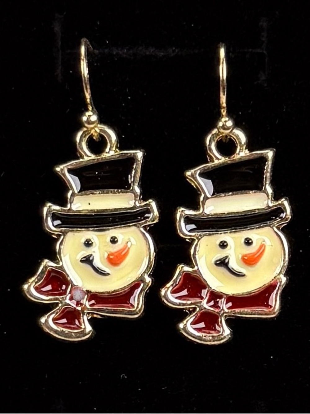 Charming Snowman Festive Holiday Pierced Earrings in Goldtone, Red & Black